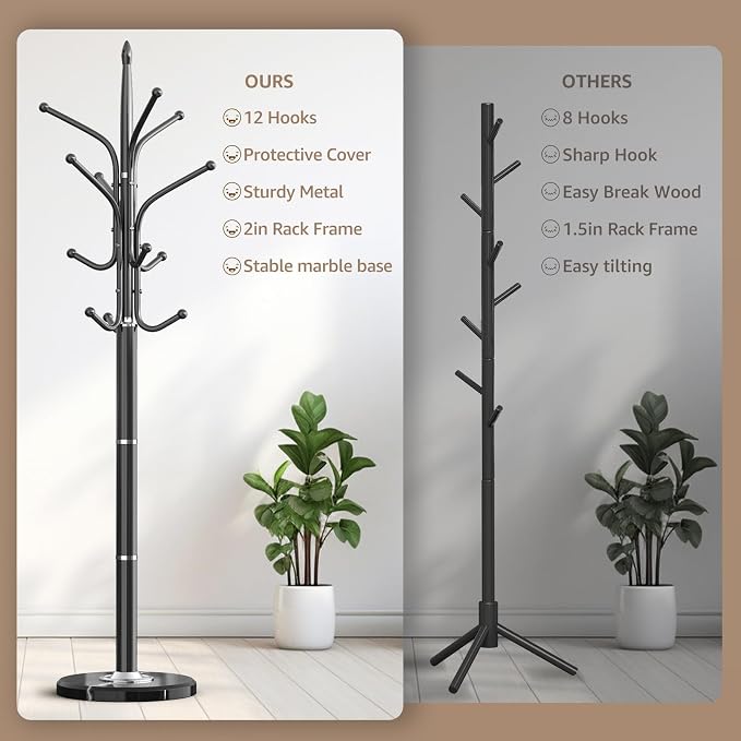HzTinT Heavy Duty Coat Rack with Marble Base, Freestanding Hall Coat Tree with 12 Hooks and 3 Adjustable Sizes, Metal Coat Rack Stand for Entryway, Bedroom, Office Hanging Purses, Coats, Scarves, Hats