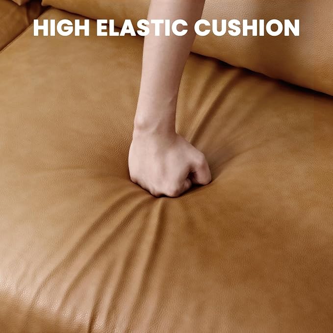 Vesgantti 100" L Shaped PU Leather Sofa with Movable Ottoman, 3 Seater Faux Leather Couch with Side Pocket, Comfy Modern Modular Sectional Couch for Living Room, Apartment, Camel