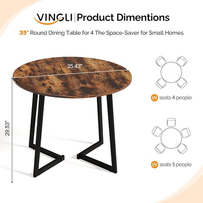 VINGLI Round Dining Table for 2-4, 35in Modern Dining Room Table with Cross Leg, Rustic Brown Wooden Kitchen Table, Space-Saving, Small Space Circle Dinette for Home, Kitchen, Apartment