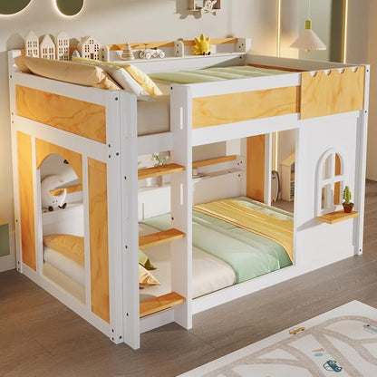 Twin Over Twin Bunk Bed with Storage Shelves,Window and Two Doors,for Kids Teens Adults Use (White+Natural-Window, Twin Over Twin)