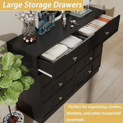 8 Drawer Dresser for Bedroom: 47" Black Chest of Drawers with Deep Drawers, Tall Modern Dresser with Storage, Fluted Wood Dressers for Bedroom, Living Room