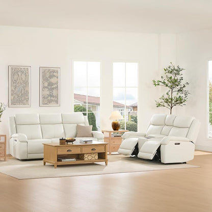 Watson & Whitely Genuine Leather Power Recliner Sofa, 3 Seater Wall Hugger Reclining Sofas with Power Headrest, USB & TypeC Ports, Electric Recliner Couch Set for Living Room, Cream