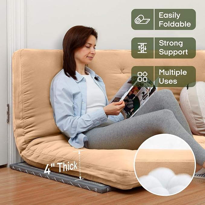 ZonLi Japanese Floor Futon Mattress King Size 76"x 80",100% Cotton Cover 4'' Thicken Tatami Mattress,Foldable Sleeping Pad,Portable Dormitory Tatami Mat,Roll Up Floor Lounger Bed for Adult (Burro)