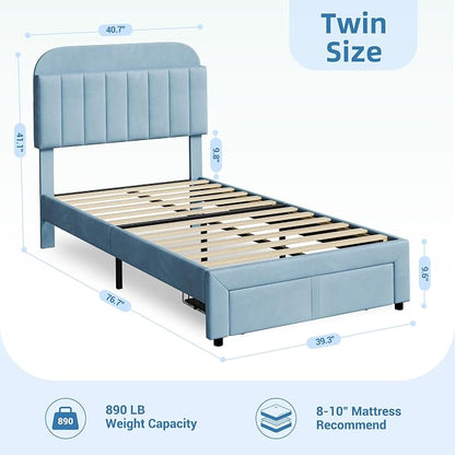 IDEALHOUSE Twin Bed Frame for Kids, Upholstered Platform Bed with Large Storage Drawer and Bookcase Headboard, Boys Bed, Noise-Free, Easy Assembly, No Box Spring Needed, Blue