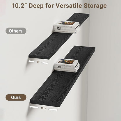 Vivelove 48 Inches Floating Shelves Wall Mounted, 10" Deep Wall Shelves for Bedroom, Bathroom, Living Room, Kitchen, Office, Home Decor, Modern Shelf, Set of 2, Black, 48x10.2x1.5