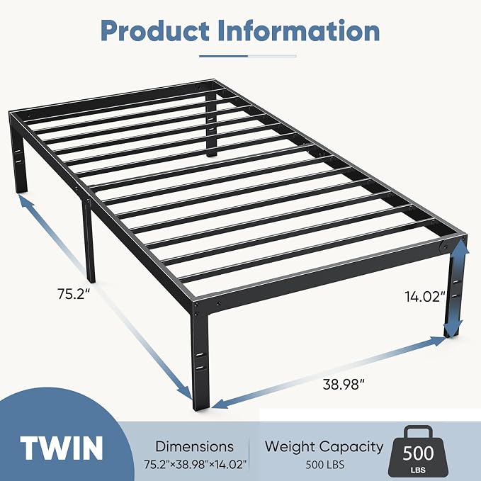 Sweetcrispy Twin Bed Frame - Heavy Duty Metal Platform Bed Frames Twin Size with Storage Space Under Frame, No Box Spring Needed, 14 Inches, Sturdy Steel Slat Support