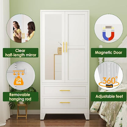 winiowa Metal Armoire Wardrobe Closet with 2 Drawers, 71" Wardrobe Cabinet with Adjustable Shelves and Hanging Rod, Clothing Storage Cabinet Closet with Mirror for Bedroom-White