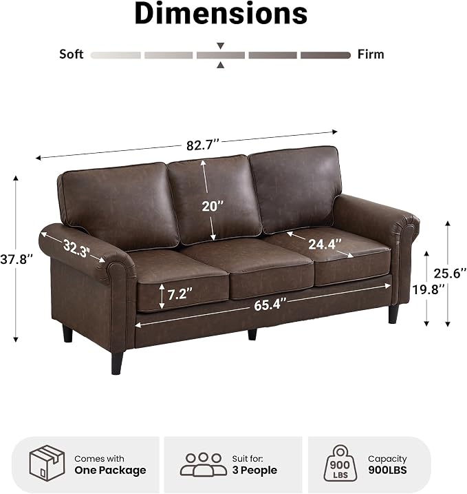 Kingfun Faux Leather 3 Seater Couch, Mid Century Modern Sofa with Rolled Arms and Deep Seats, Fluffy Comfort for Living Room, Apartment, Easy Assembly, Cocoa