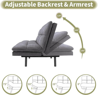 Vipbear 71" Futon Sofa Bed - Convertible Sofa Beds/Adjustable Backrest & Armrest, Comfy Loveseat Sleeper for Small Spaces, Apartments & Offices,Linen Fabric Grey Futons