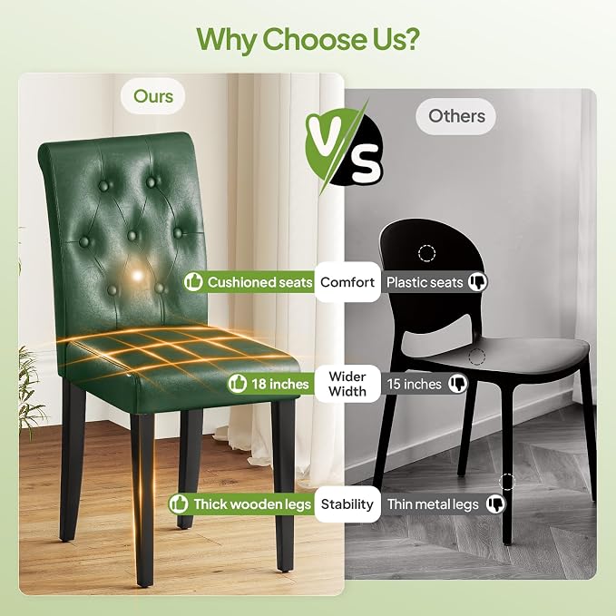 Welzona Upholstered Dining Chairs Set of 4, Button Tufted Parsons Dining Chair with Solid Wood Legs, Modern PU Leather Side Chair for Dining Room/Kitchen/Restaurant/Hotel- Green