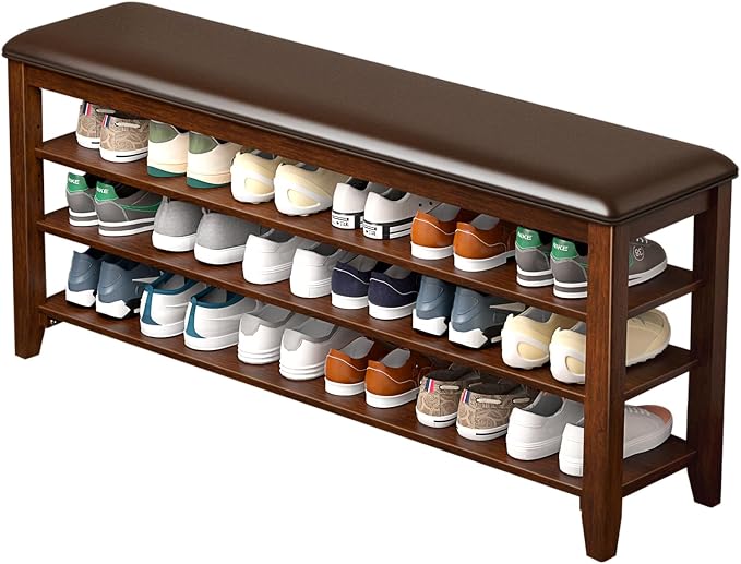 Taitiy Shoe Bench Storage Rubberwood with Leather Cushion for Entryway Bench Ideal for Hallways Shoe Rack Front Doors Entrances Mudrooms Featuring 3 Height-Adjustable and Removable Shelves