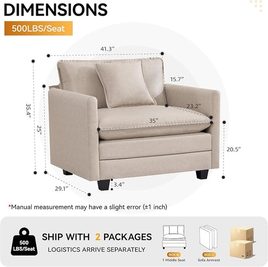 WUTUTUEE 41'' Modern Leather Oversized Chair, Upholstered Accent Living Room Chair with Extra Thicked Deep Seat, Single Lounge Chair for Bedroom, Small Apartment, Leather Beige