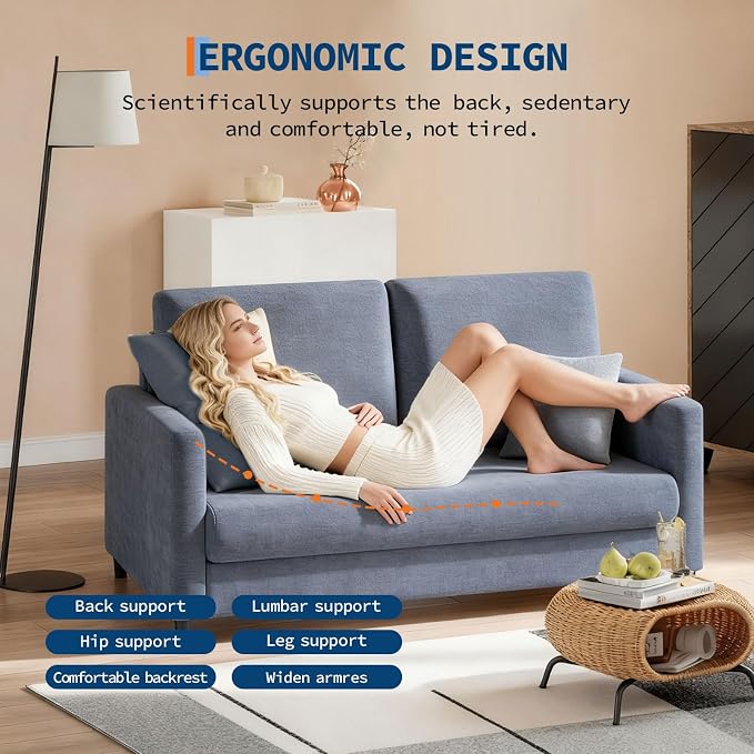 IDEALHOUSE Loveseat Sofa, 52" Love Seat for Small Spaces, Mid Century Sofa Accent Chair, Wood Frame, Tool-Free Assembly, Comfy Sofa Couch for Bedroom, Living Room, Blue Gray