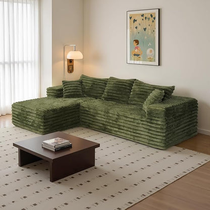 2" Corduroy Boneless Couches for Living Room, L Shape Sofa with Chaise | 102.4" Modular Sectional Sofa, Cloud Couch Sectional with Deep Seat, No Assembly, Green, Left Chaise