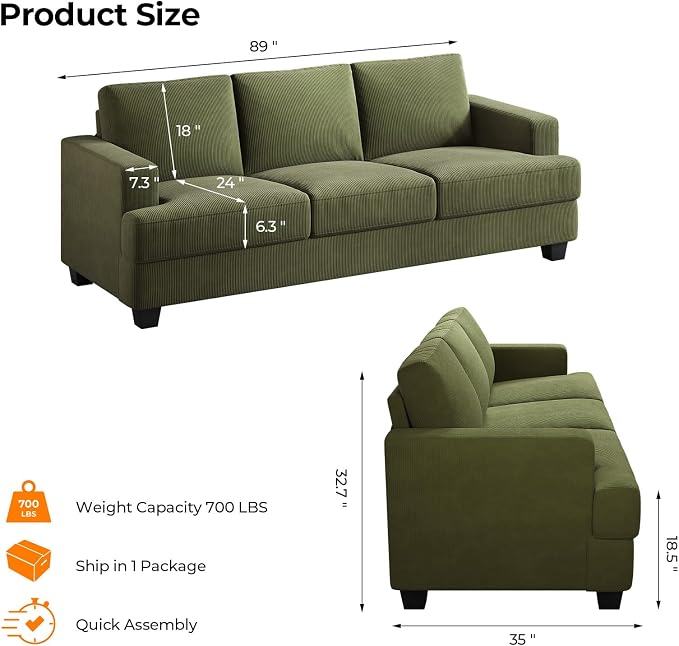 COPIAE 89 Inch Sofa with Extra Deep Seats Oversize, 3 Seater Sofa for Living Room, Modern Couch and Sofa, Comfy Armrests and Seats and Backrests, Easy Installation, Corduroy Fabric Green