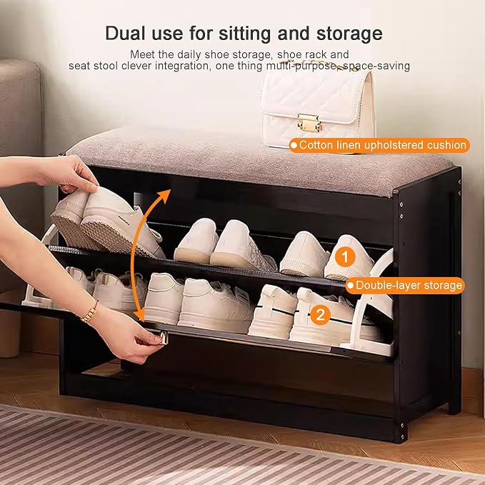 Entryway Storage Bench with Cushioned Seat Shoe Rack, 2-Tier Wooden Shoe Organizer Cabinet for Closet, Entryway, Hallway, Bedroom (Black-50 x 24 x 44 cm