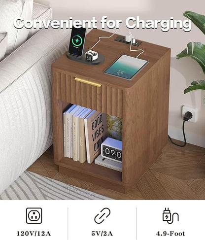 Akxomel Fluted Nightstand, Wooden Night Stand with Charging Station and LED Light, Modern Mid Century End Table with Drawer, 15" D x 15.7" W x 22.6" H, for Bedroom, Walnut