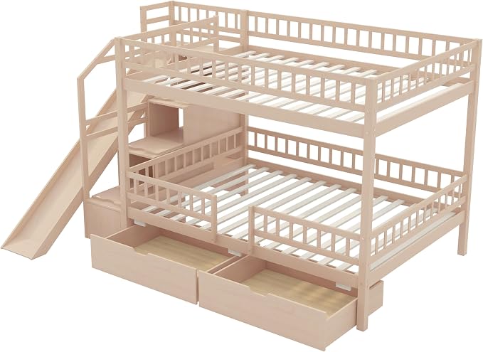 Full Over Full Bunk Bed with Slide and Staircase