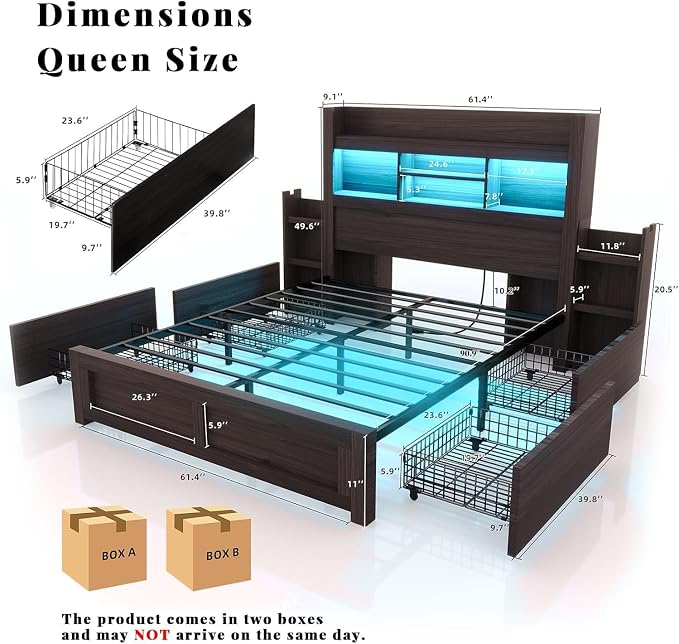 LUXOAK Queen Bed Frame with 49.6" Bookcase Headboard & 2 Bedside Stoage Racks & 4 Drawers, Farmhouse Wood Bed Frame with RGB LED & Charging Station, No Box Spring Needed, Black