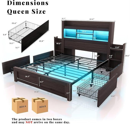 LUXOAK Queen Bed Frame with 49.6" Bookcase Headboard & 2 Bedside Stoage Racks & 4 Drawers, Farmhouse Wood Bed Frame with RGB LED & Charging Station, No Box Spring Needed, Black