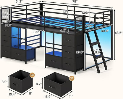 BTHFST Low Bunk Bed Twin Over Twin with 8 Fabric Drawers & Bookshelf, Twin Bunk Beds with RGB LED Lights, Windows, Metal Bunk Beds for Kids with Slanted Ladder & Safety Guardrails, Space Saving, Black
