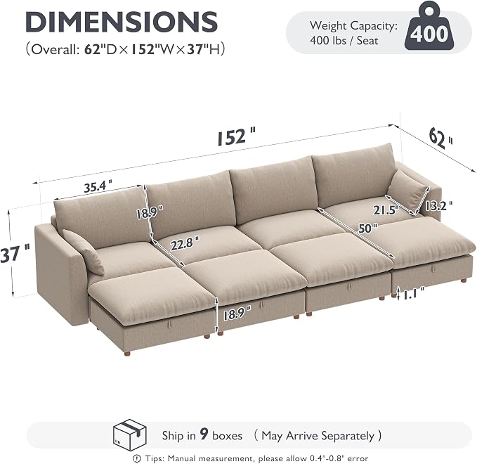 Ihanherry 152" Oversized Modular Sectional Sofa, Modern Cloud Couch with 4 Storage Ottoman, 8-Seat Comfy Chenille Deep Seat Sofa with 2 Pillows for Living Room, Khaki