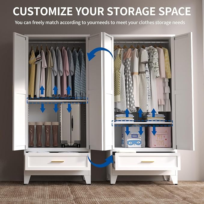 Steel Armoire Wardrobe Closet, 71" Metal Clothing Storage Cabinets with 2 Doors, 1 Drawer and 1 Adjustable Shelf, White Wardrobe Cabinet with Hanging Rod for Bedroom, Gym
