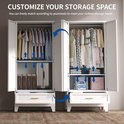 Steel Armoire Wardrobe Closet, 71" Metal Clothing Storage Cabinets with 2 Doors, 1 Drawer and 1 Adjustable Shelf, White Wardrobe Cabinet with Hanging Rod for Bedroom, Gym