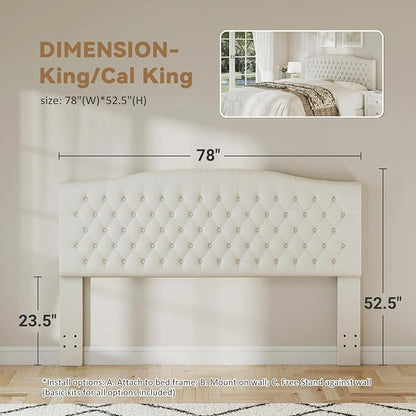 King Headboard Only, Upholstered Headboard King Size for Adjustable Bed Linen Tufted Wall Mounted Head Board with Solid Wood Legs, Ivory