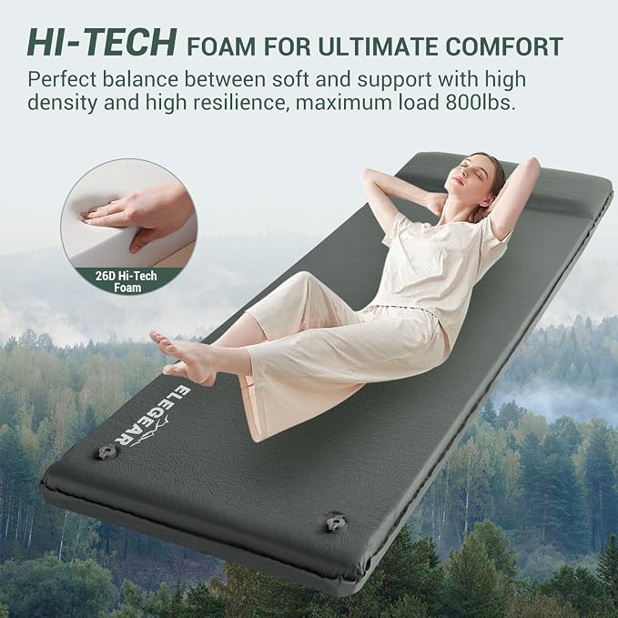 Elegear CumbreX™ Self Inflating Sleeping Pad with Pillow 3.15" Memory Foam | Fast Inflating in 20s, Insulated 4-Season R-value 9.5, Ultra-Thick, For Camp/Travel/Car/Tent