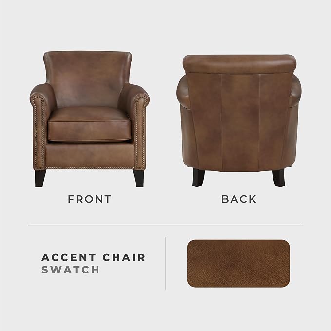 Lexicon 100% Top Grain Genuine Leather Chair, Leather Accent Chairs for Living Room, Solid Wood Frame, Rolled Armrest & Nailhead Trim, Comfy Reading for Bedroom, Office, Waiting Room, Classic Brown