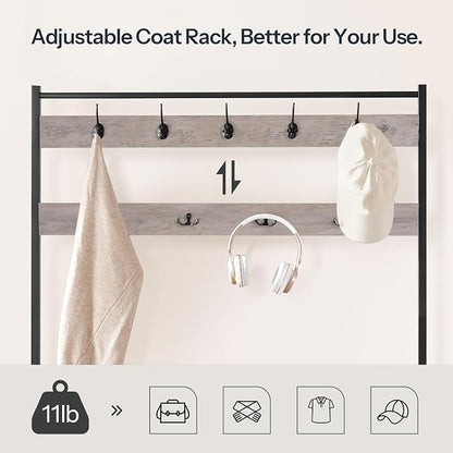 HOOBRO Hall Tree, Coat Rack with Shoe Rack, 39.4" Hall Tree with Bench, 5 Tier Shoe Storage Organizer with 9 Hooks for Entryway, Closet, Sturdy, Industrial, Greige and Black BG801MT01