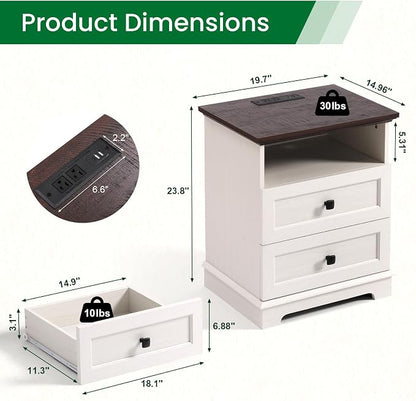 20-Inch Wide Modern Nightstands Set of 2 with Charging Station & Outlets, Bedside Tables with 2 Drawers and Open Shelf, Sleek Design End Tables for Bedroom and Office, White