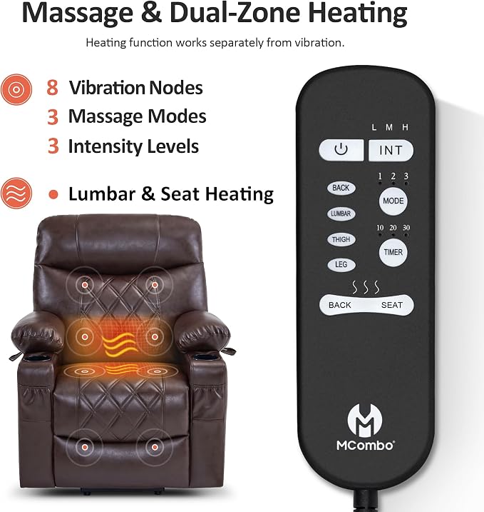 MCombo Small Power Lift Recliner Chair Sofa with Massage and Dual Heating, Adjustable Headrest for Elderly People Petite, USB Ports, Faux Leather 7111 (Dark Brown)
