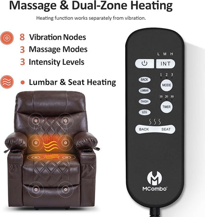 MCombo Small Power Lift Recliner Chair Sofa with Massage and Dual Heating, Adjustable Headrest for Elderly People Petite, USB Ports, Faux Leather 7111 (Dark Brown)