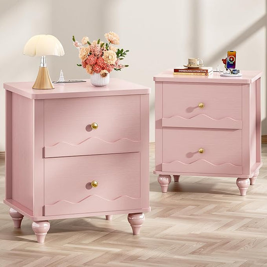 Cyclysio Pink Nightstand with Charging Station Set of 2, Scalloped Bedside Table with 2 Smooth Drawers, Modern End Table with Solid Wood Legs for Bedroom and Small Spaces