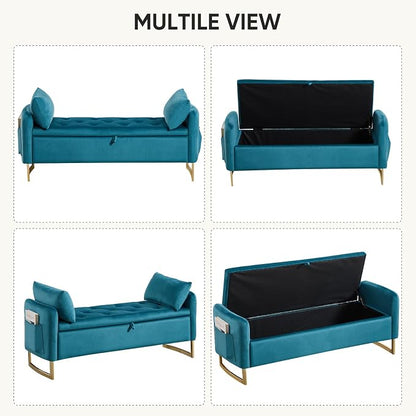 48" End of Bed Bench, Modern Storage Benches with Button-Tufted, Velvet Upholstered Storage Ottoman Bench for Foot of Bed with Arms, Gold Legs Window and Entryway, Vintage Green