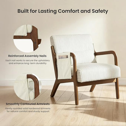 DUMOS Mid Century Modern Accent Chair, Upholstered Armchair with Lumbar Pillow and Solid Wood Frame, Comfy Reading Chair for Small Living Room, Bedroom, Guest Room, Beige