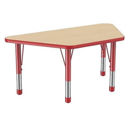 FDP Trapezoid Activity School and Classroom Kids Table (24 x 48 inch), Chunky Toddler Legs for Collaborative Seating Environments, Adjustable Height 15-24 inches - Maple Top and Red Edge
