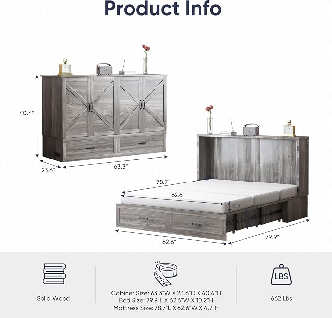ijuicy Queen Murphy Cabinet Bed, Storage & Charge, No Mattress, Grey | Queen Murphy Bed Built-in multifunctional charging station & storage drawers, space-saving foldaway design for guest room.
