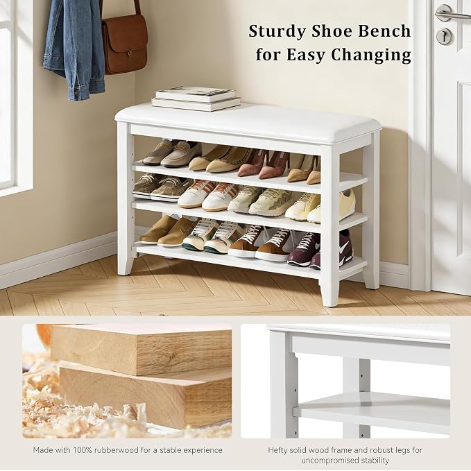 Entryway Shoe Storage Bench with Leather Cushion, Shoe Organizer Bench for Entryway, Ideal for Hallways Front Doors Entrances Mudrooms Featuring Rubberwood And 3 Height-Adjustable & Removable Shelve