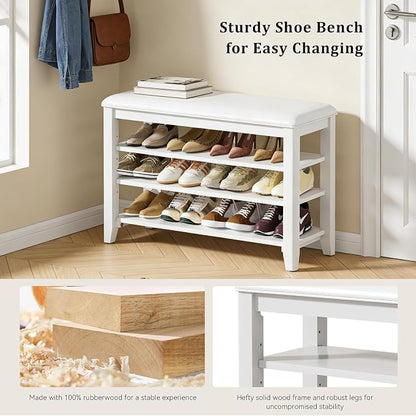 Entryway Shoe Storage Bench with Leather Cushion, Shoe Organizer Bench for Entryway, Ideal for Hallways Front Doors Entrances Mudrooms Featuring Rubberwood And 3 Height-Adjustable & Removable Shelve