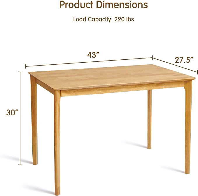 HOMYZOO Small Dining Table, 43 Inch Rectangular Solid Wood Kitchen Table for Small Space, Easy Assembly, Dining Room Table for Home, Apartment, Office, Natural