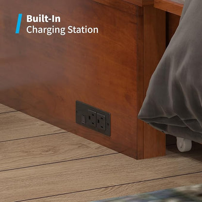 Mjkone 63.5" W Murphy Bed Cabinet Queen Size, Modern Cabinet Bed with USB Charging Station & Drawers, Murphy Beds for Living Room Apartment, Easily Convertible, Cherry