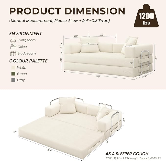 GRUSIGN 78 Inch Convertible Sofa Bed, 5-in-1 Futon Sofa Bed Pull Out Couch, Boneless Couch Bed for Living Room, Corduroy Boneless Couches for Bedroom, Apartment, No Assembly Sleeper Sofa Bed, Beige