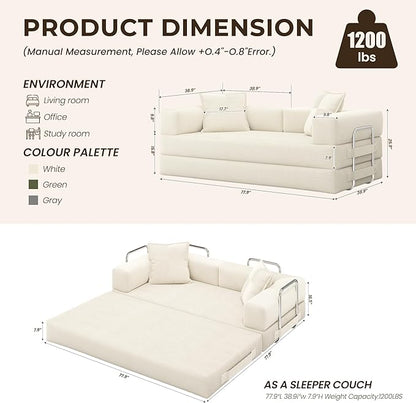 GRUSIGN 78 Inch Convertible Sofa Bed, 5-in-1 Futon Sofa Bed Pull Out Couch, Boneless Couch Bed for Living Room, Corduroy Boneless Couches for Bedroom, Apartment, No Assembly Sleeper Sofa Bed, Beige