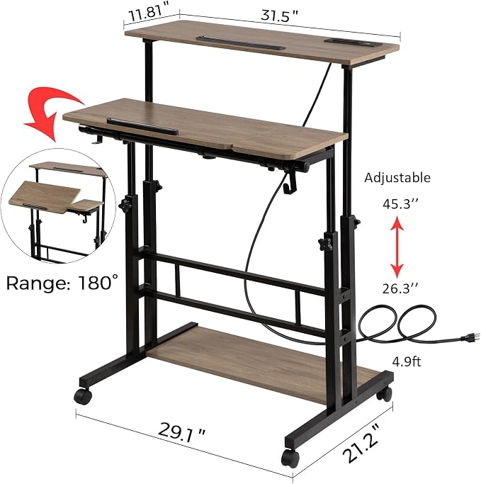 Hadulcet Rolling Stand Up Desk Adjustable Height - Portable Standing Desk with Wheels & Charging Station, Mobile Laptop Desk Small Standing Desk Drawing Table, Grey