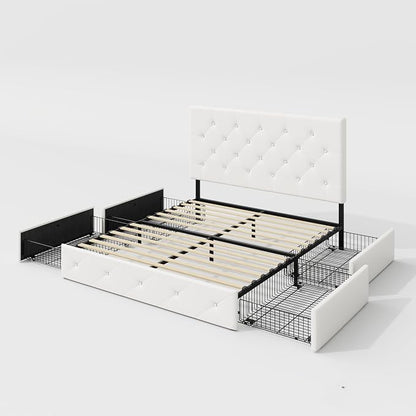 Allewie Upholstered Queen Size Platform Bed Frame with 4 Storage Drawers and Headboard, Diamond Stitched Button Tufted, Mattress Foundation with Wooden Slats Support, No Box Spring Needed, White
