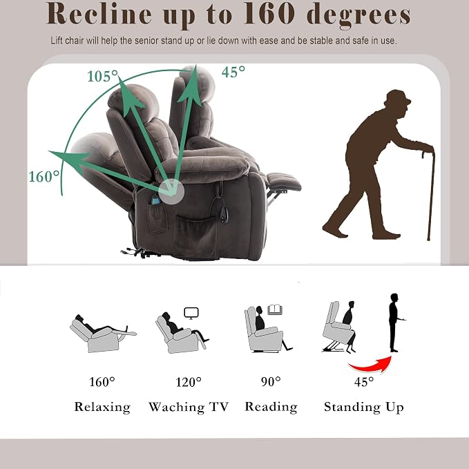 FUNECORP Power Lift Recliner Chair with Massage and Heating Functions,Velvet Sofa with 2 Remote Controls and Two Cup Holders,Recline up to 160 Degrees,Suitable for Living Room