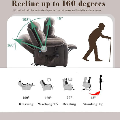 FUNECORP Power Lift Recliner Chair with Massage and Heating Functions,Velvet Sofa with 2 Remote Controls and Two Cup Holders,Recline up to 160 Degrees,Suitable for Living Room